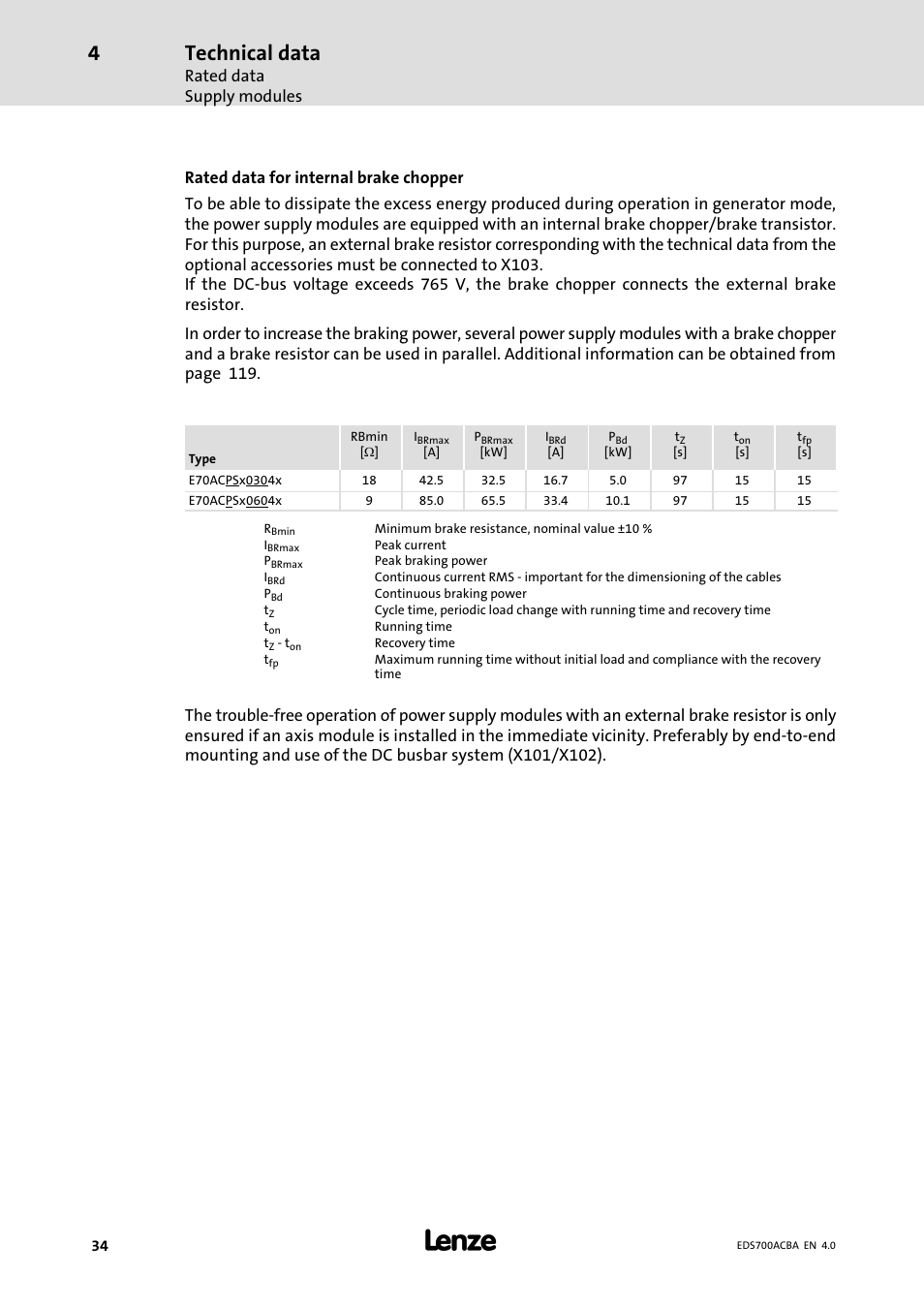 Technical data, Rated data supply modules | Lenze i700 Manual User Manual | Page 34 / 159