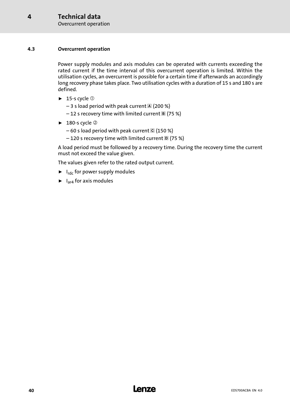 Overcurrent operation, Technical data | Lenze i700 Manual User Manual | Page 40 / 159