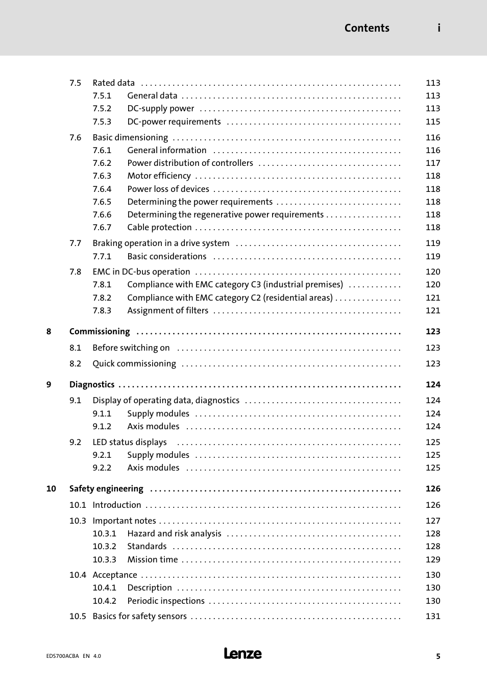 Contents i | Lenze i700 Manual User Manual | Page 5 / 159