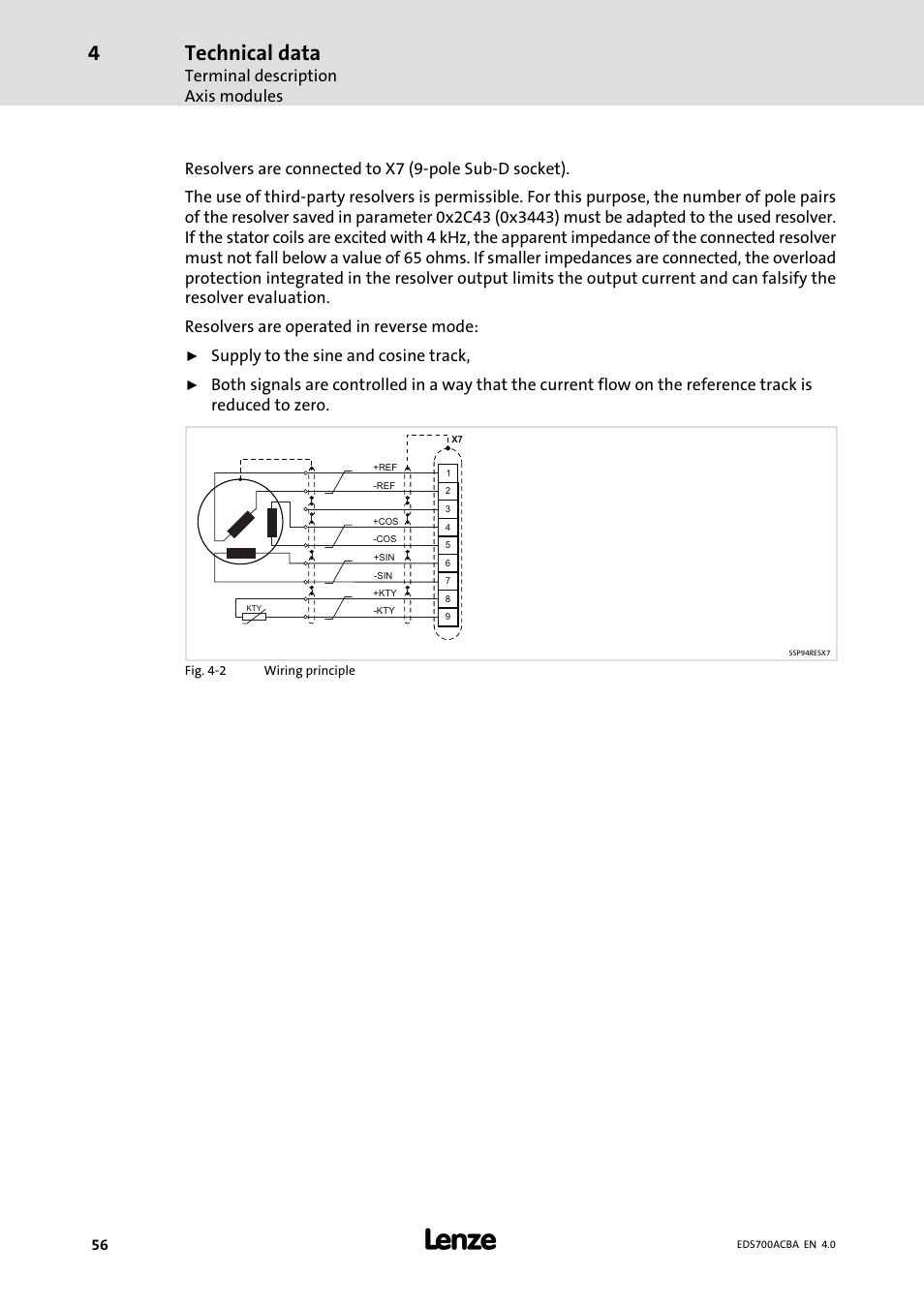 Technical data, Terminal description axis modules, Supply to the sine and cosine track | Lenze i700 Manual User Manual | Page 56 / 159