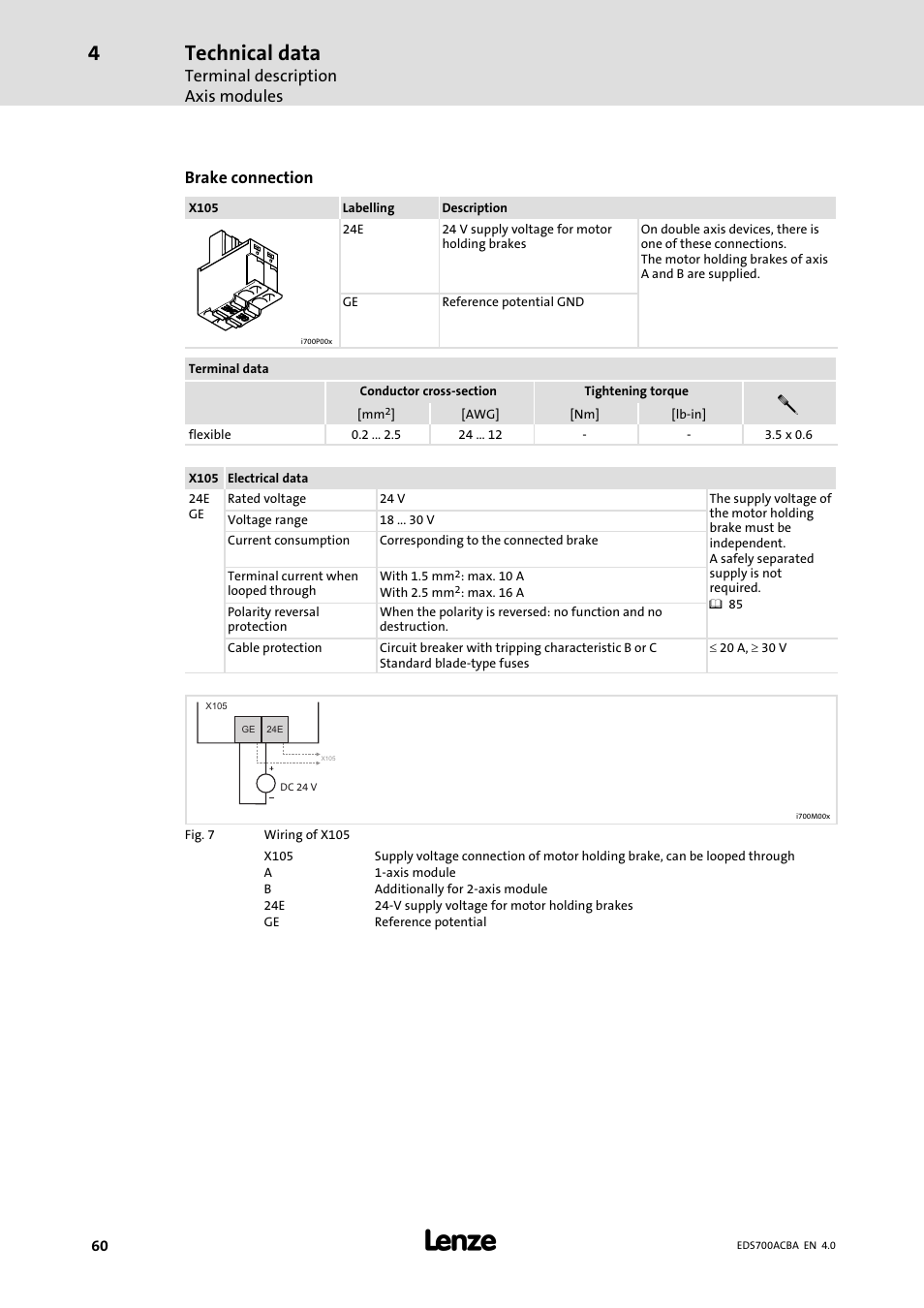 Technical data, Terminal description axis modules, Brake connection | Lenze i700 Manual User Manual | Page 60 / 159