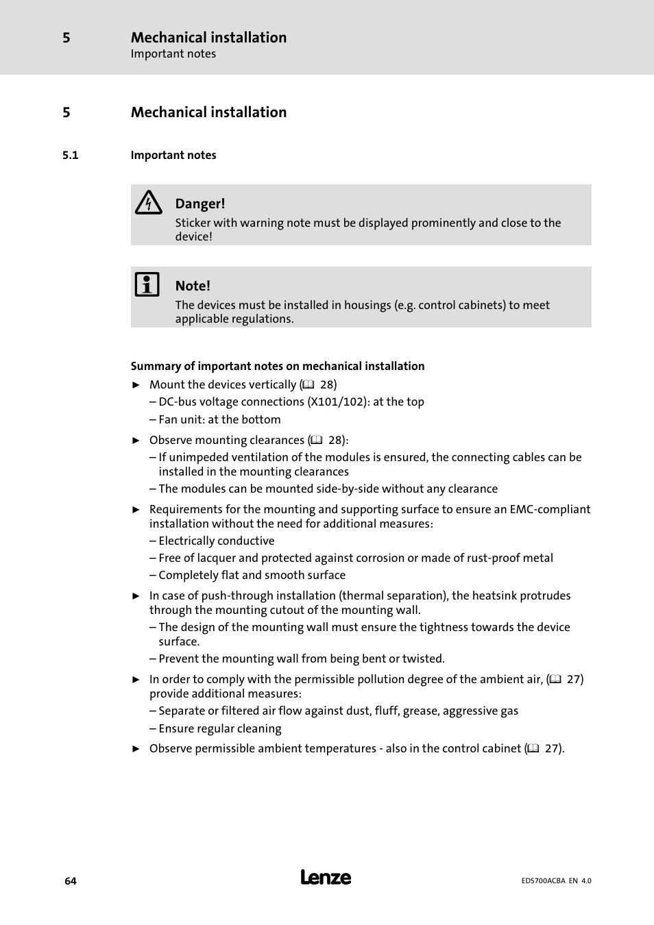 Mechanical installation, Important notes, 5mechanical installation | Lenze i700 Manual User Manual | Page 64 / 159