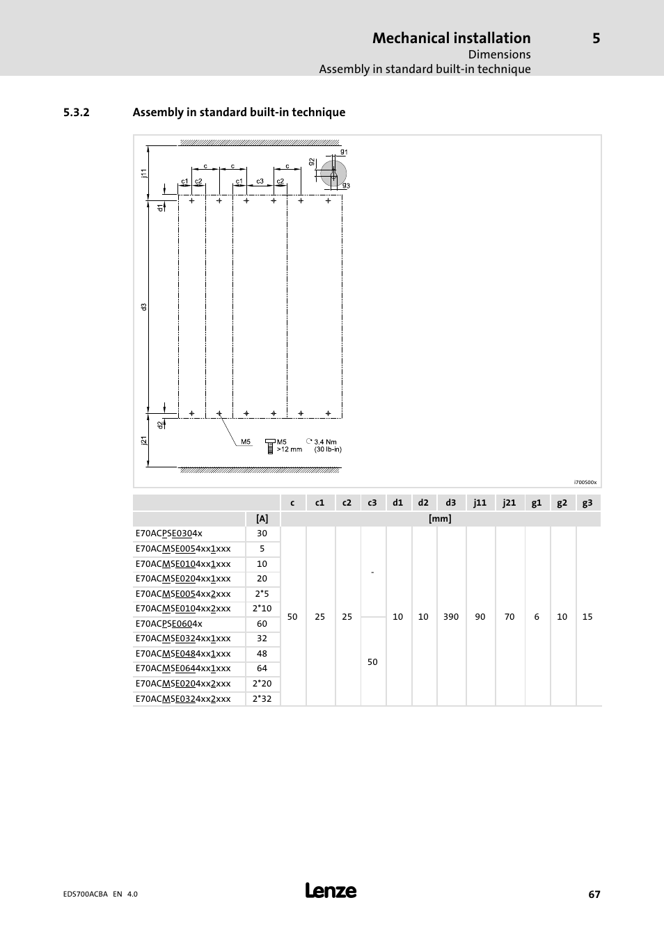Assembly in standard built-in technique, Assembly in standard built−in technique, Mechanical installation | Lenze i700 Manual User Manual | Page 67 / 159