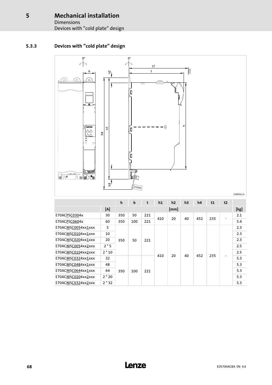 Devices with "cold plate" design, Mechanical installation | Lenze i700 Manual User Manual | Page 68 / 159