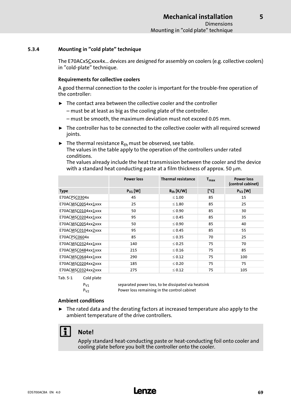 Mounting in "cold plate" technique, Mechanical installation | Lenze i700 Manual User Manual | Page 69 / 159