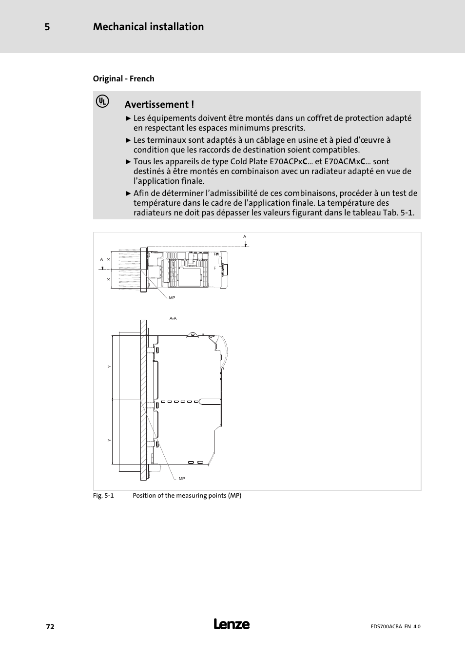 Mechanical installation 5, Avertissement | Lenze i700 Manual User Manual | Page 72 / 159