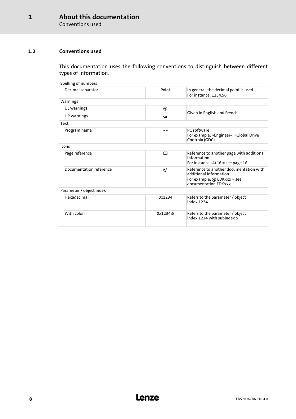 Conventions used, About this documentation | Lenze i700 Manual User Manual | Page 8 / 159