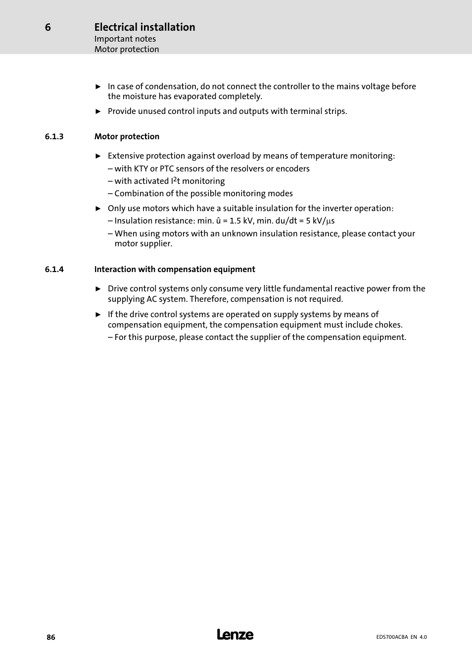 Motor protection, Interaction with compensation equipment, Electrical installation | Lenze i700 Manual User Manual | Page 86 / 159