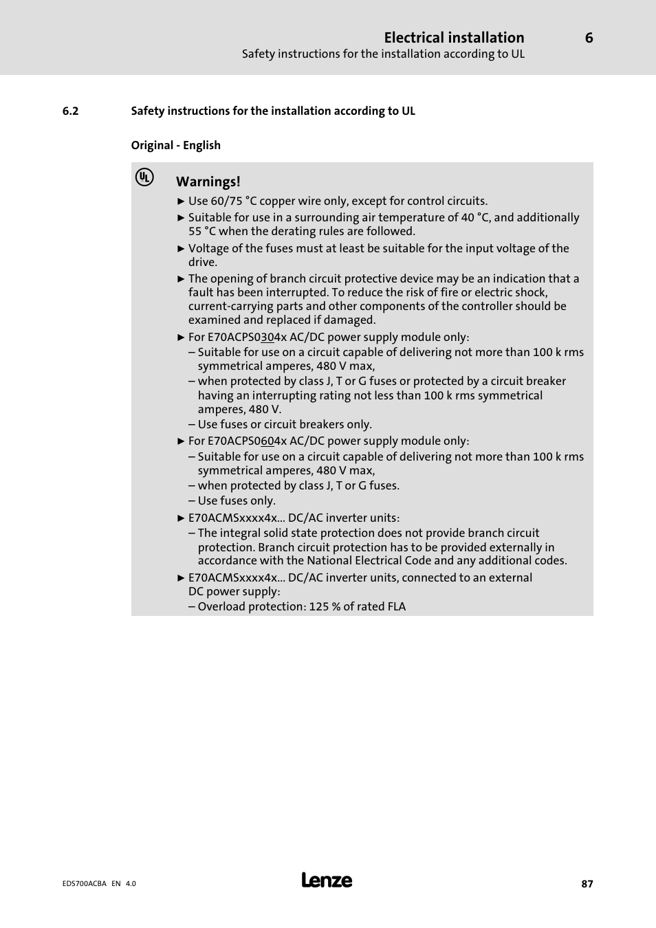 Electrical installation | Lenze i700 Manual User Manual | Page 87 / 159