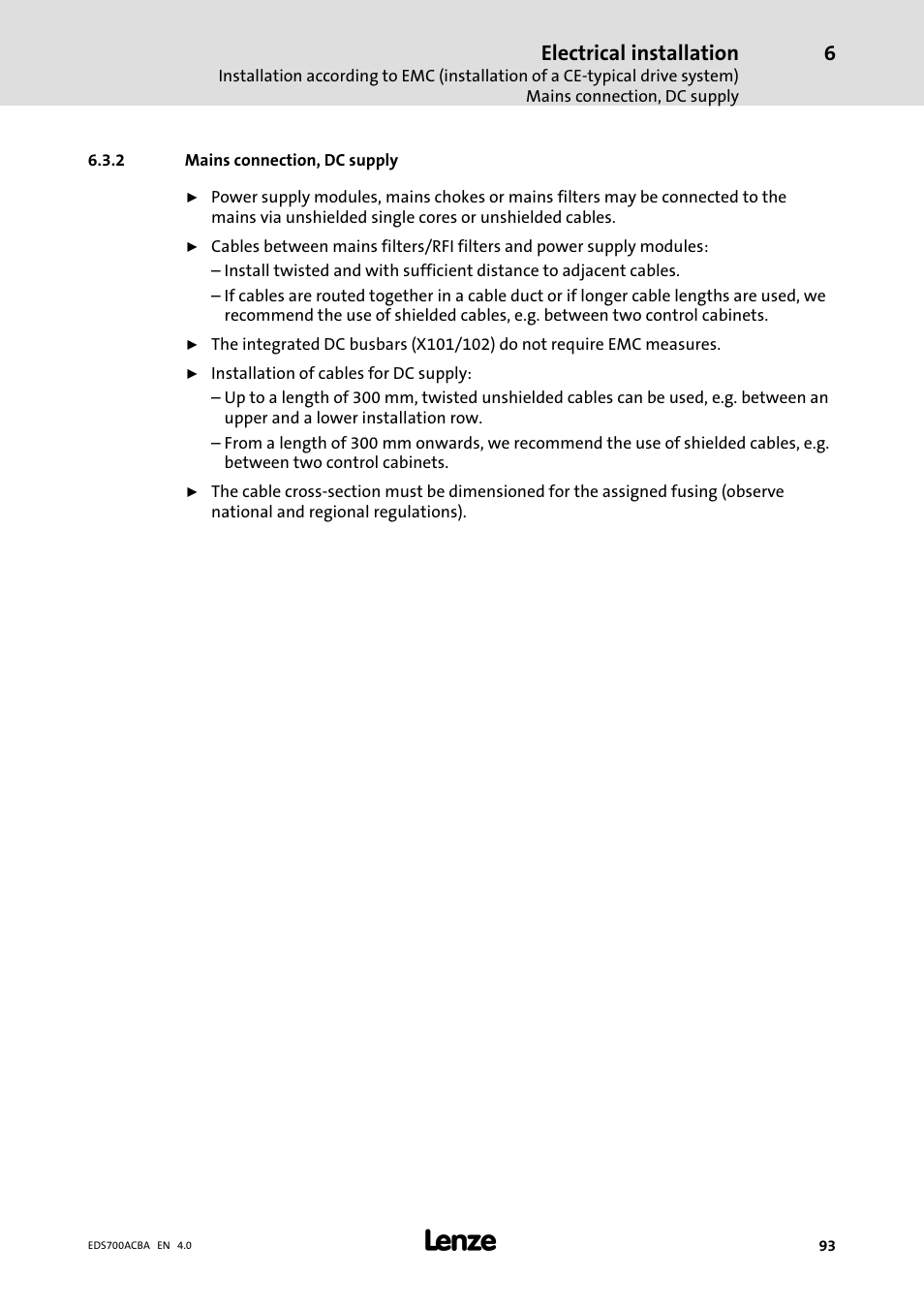 Mains connection, dc supply, Electrical installation | Lenze i700 Manual User Manual | Page 93 / 159