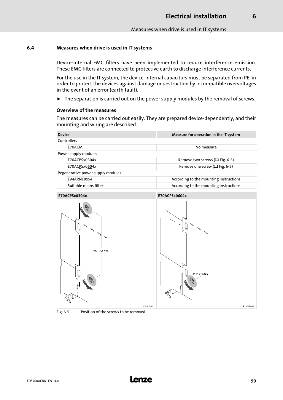 Measures when drive is used in it systems, Electrical installation | Lenze i700 Manual User Manual | Page 99 / 159