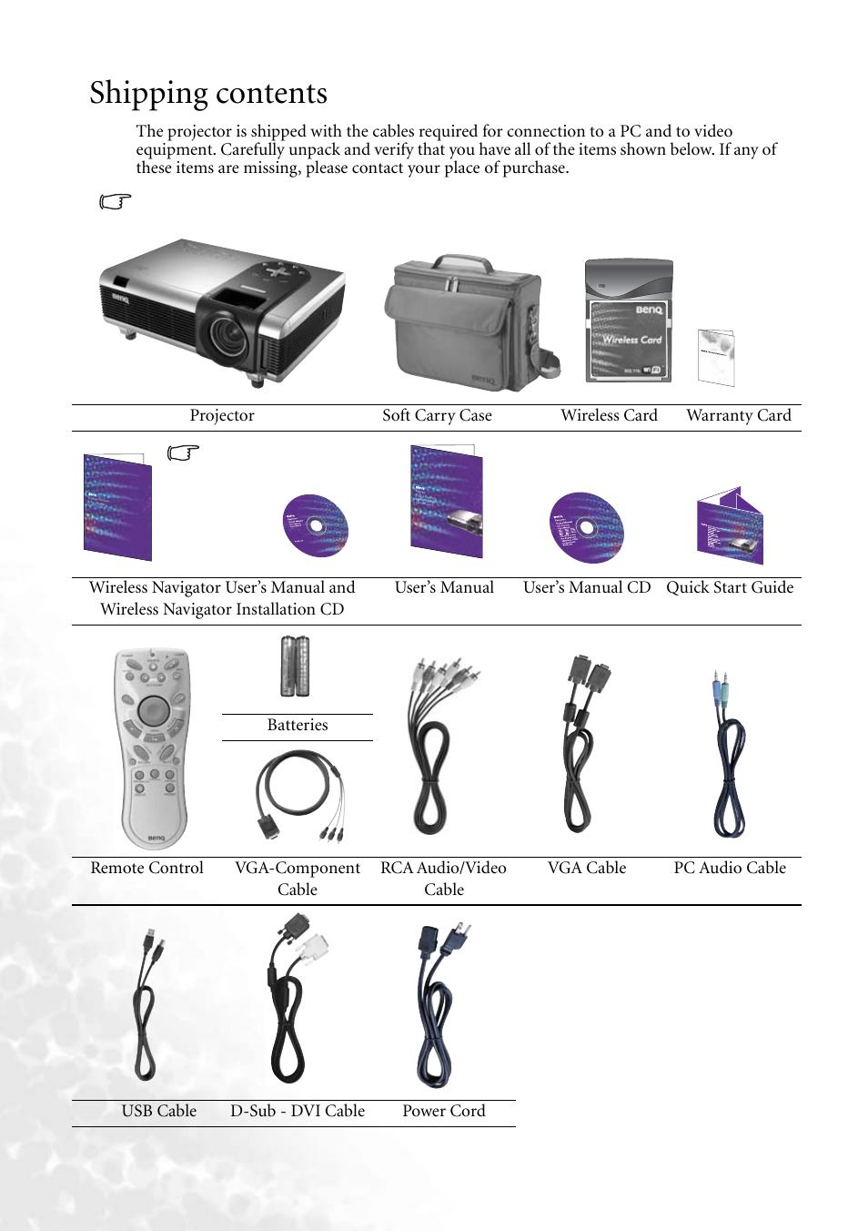 Shipping contents | BenQ PB8260 User Manual | Page 10 / 53