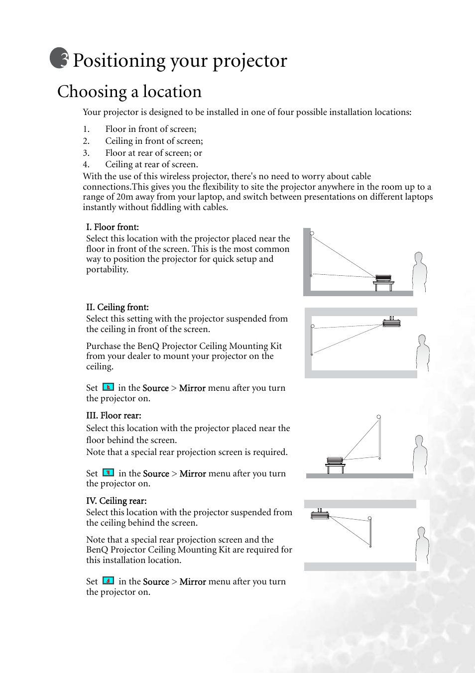 Positioning your projector, Choosing a location | BenQ PB8260 User Manual | Page 17 / 53