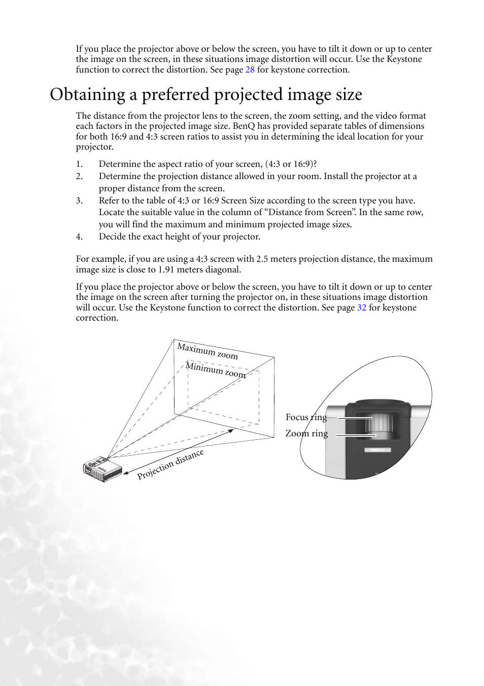 Obtaining a preferred projected image size | BenQ PB8260 User Manual | Page 18 / 53