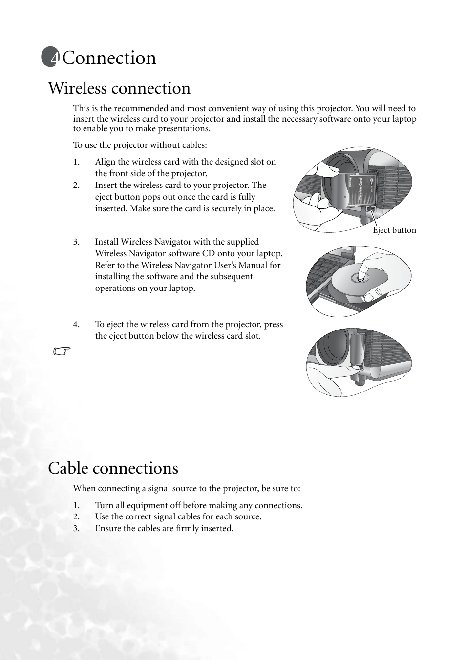 Connection, Wireless connection, Cable connections | Wireless connection cable connections | BenQ PB8260 User Manual | Page 20 / 53