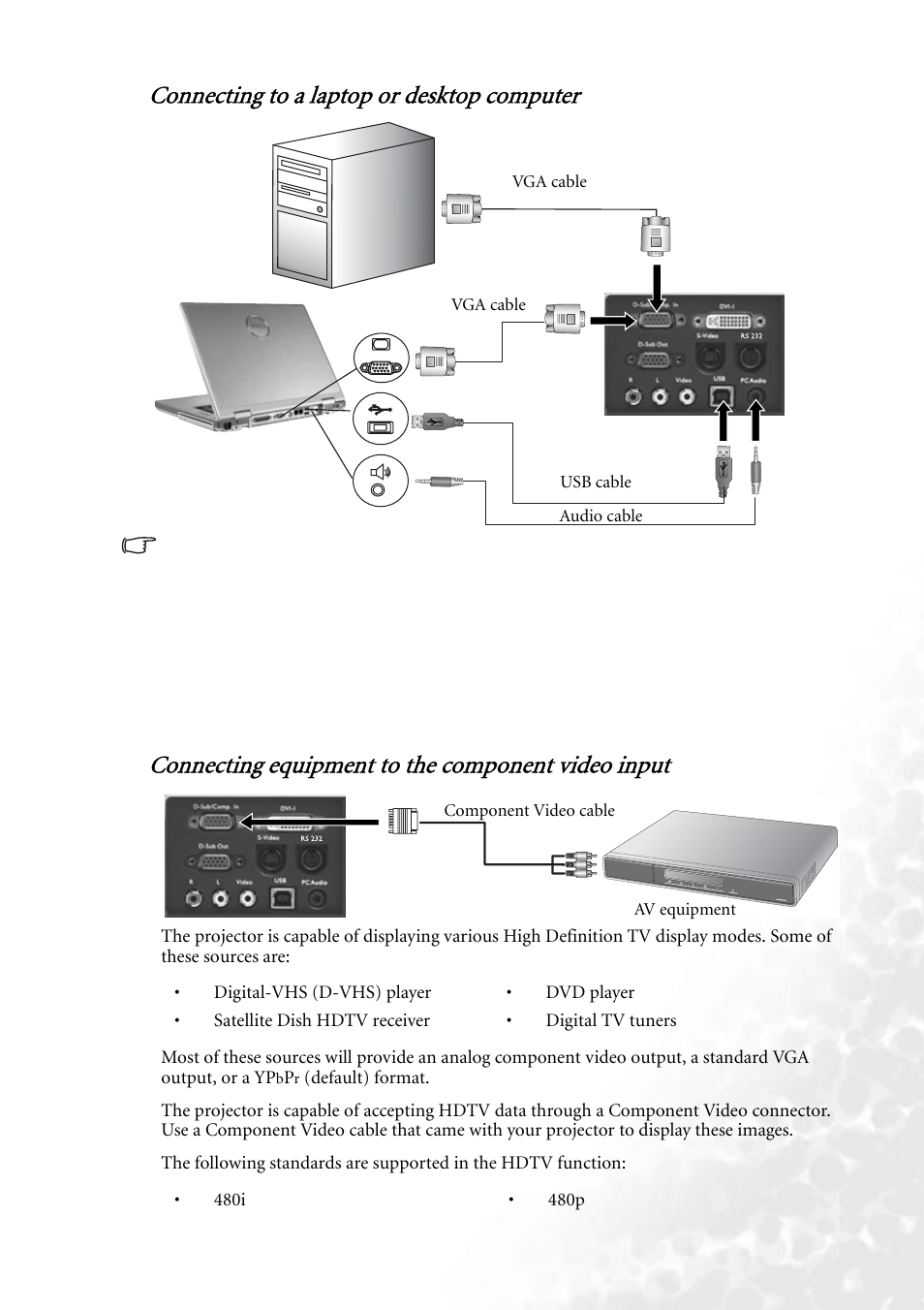 Connecting to a laptop or desktop computer, Connecting equipment to the component video input | BenQ PB8260 User Manual | Page 21 / 53