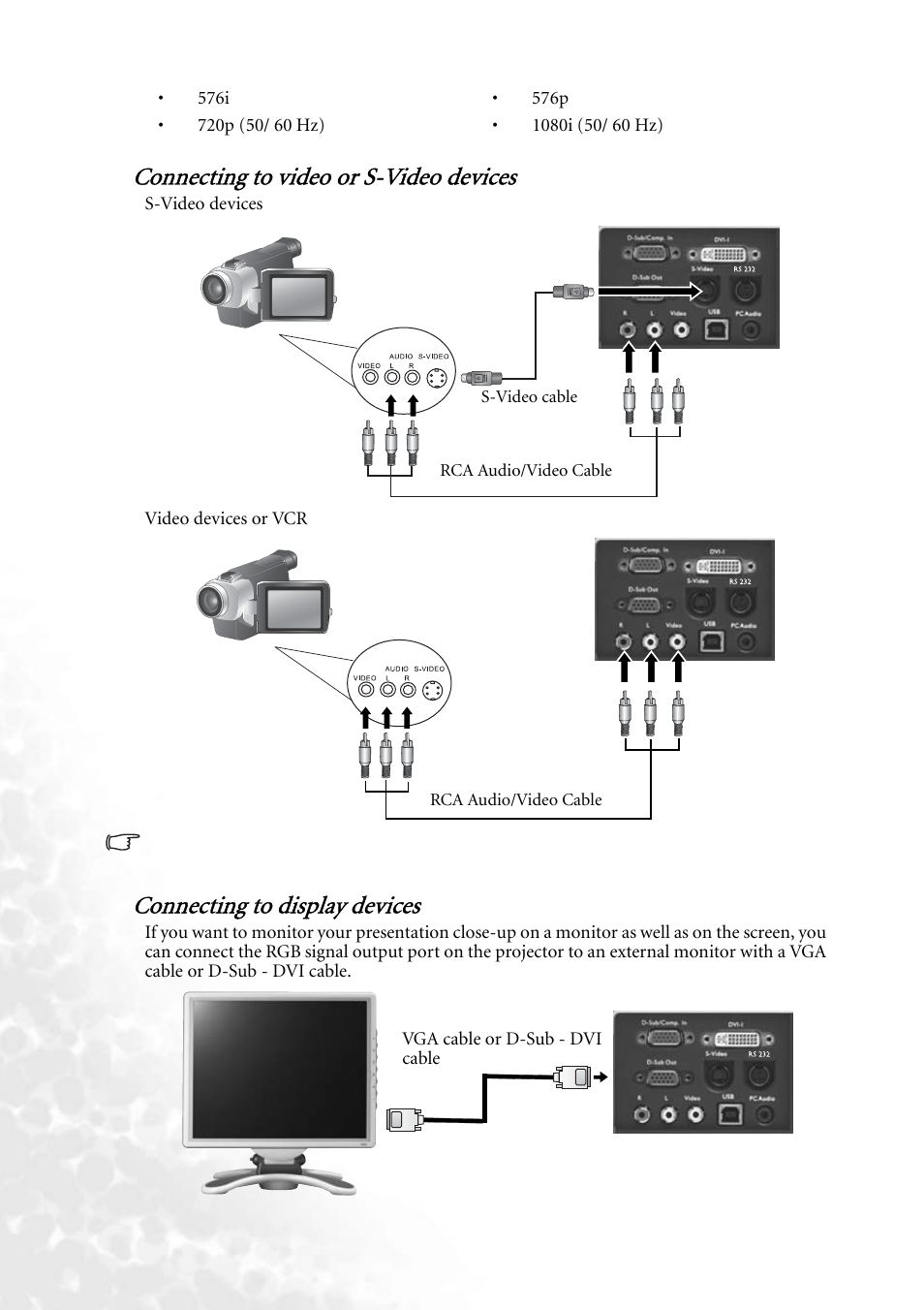 Connecting to video or s-video devices, Connecting to display devices | BenQ PB8260 User Manual | Page 22 / 53