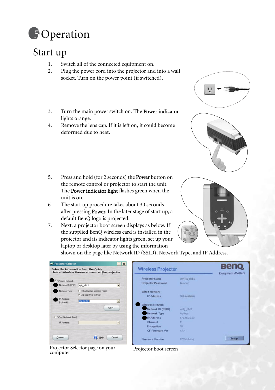 Operation, Start up | BenQ PB8260 User Manual | Page 23 / 53