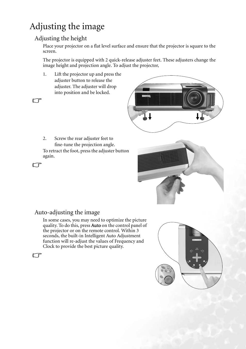 Adjusting the image, Adjusting the height, Auto-adjusting the image | BenQ PB8260 User Manual | Page 25 / 53