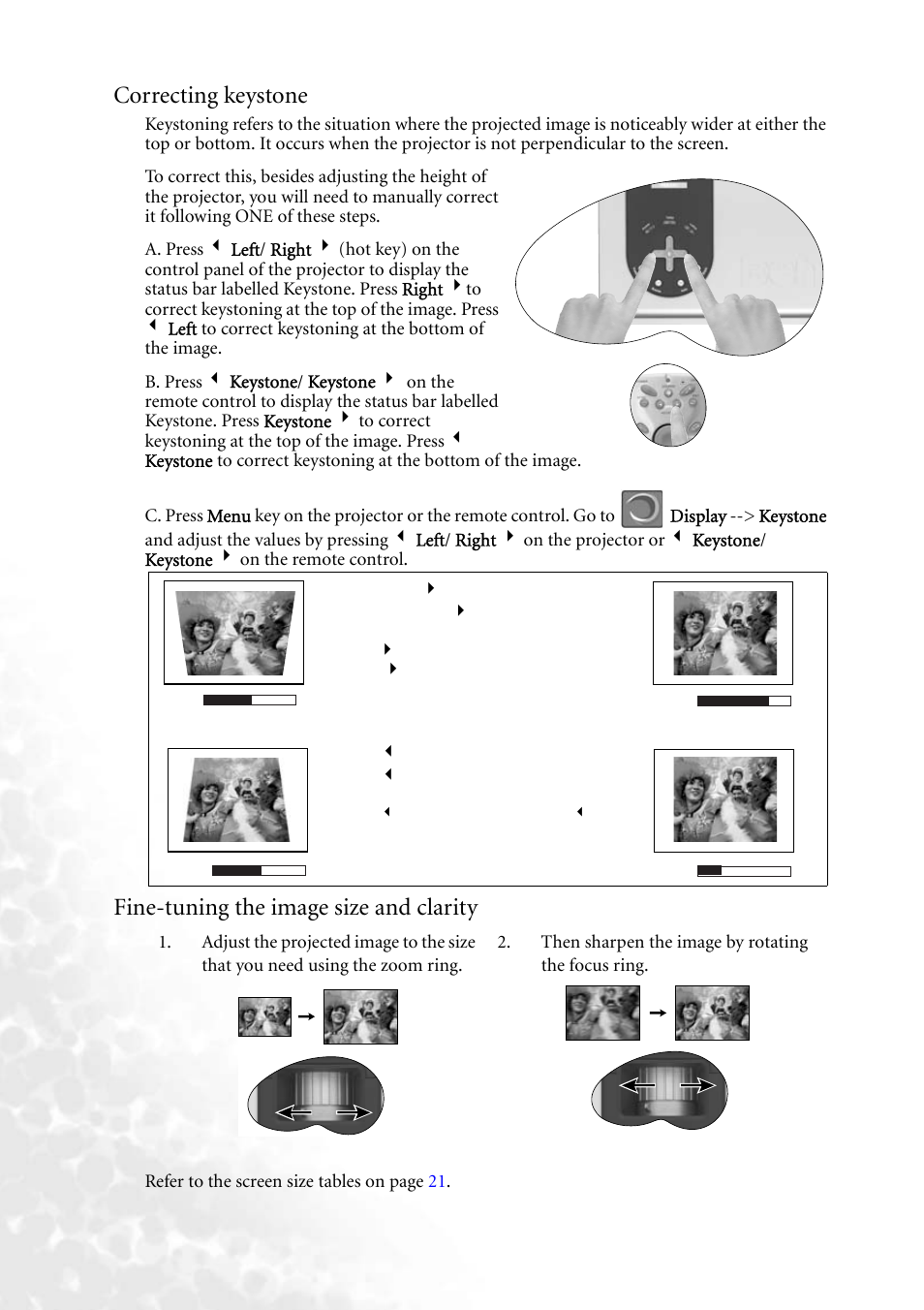 Correcting keystone, Fine-tuning the image size and clarity | BenQ PB8260 User Manual | Page 26 / 53