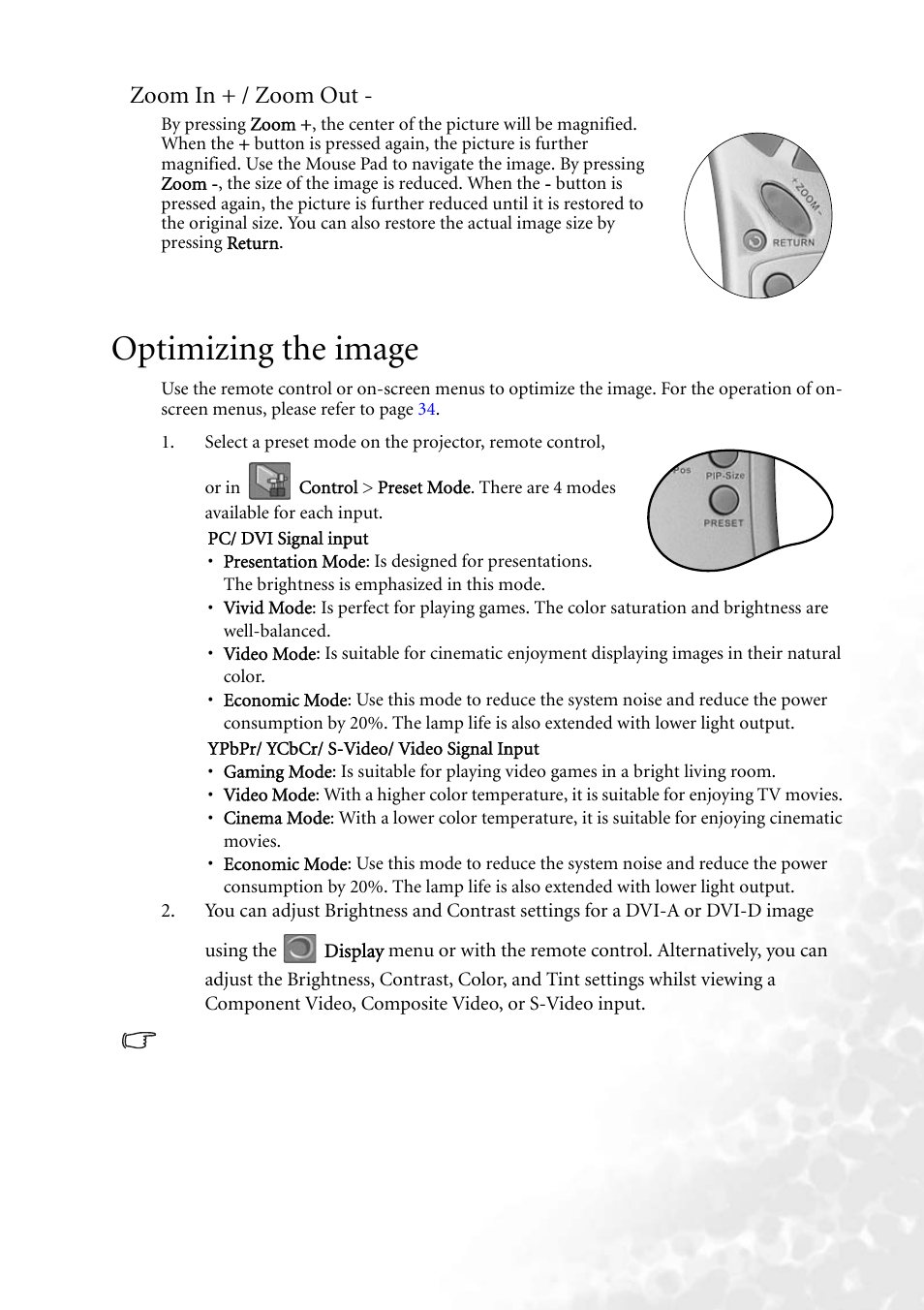 Zoom in + / zoom out, Optimizing the image | BenQ PB8260 User Manual | Page 27 / 53