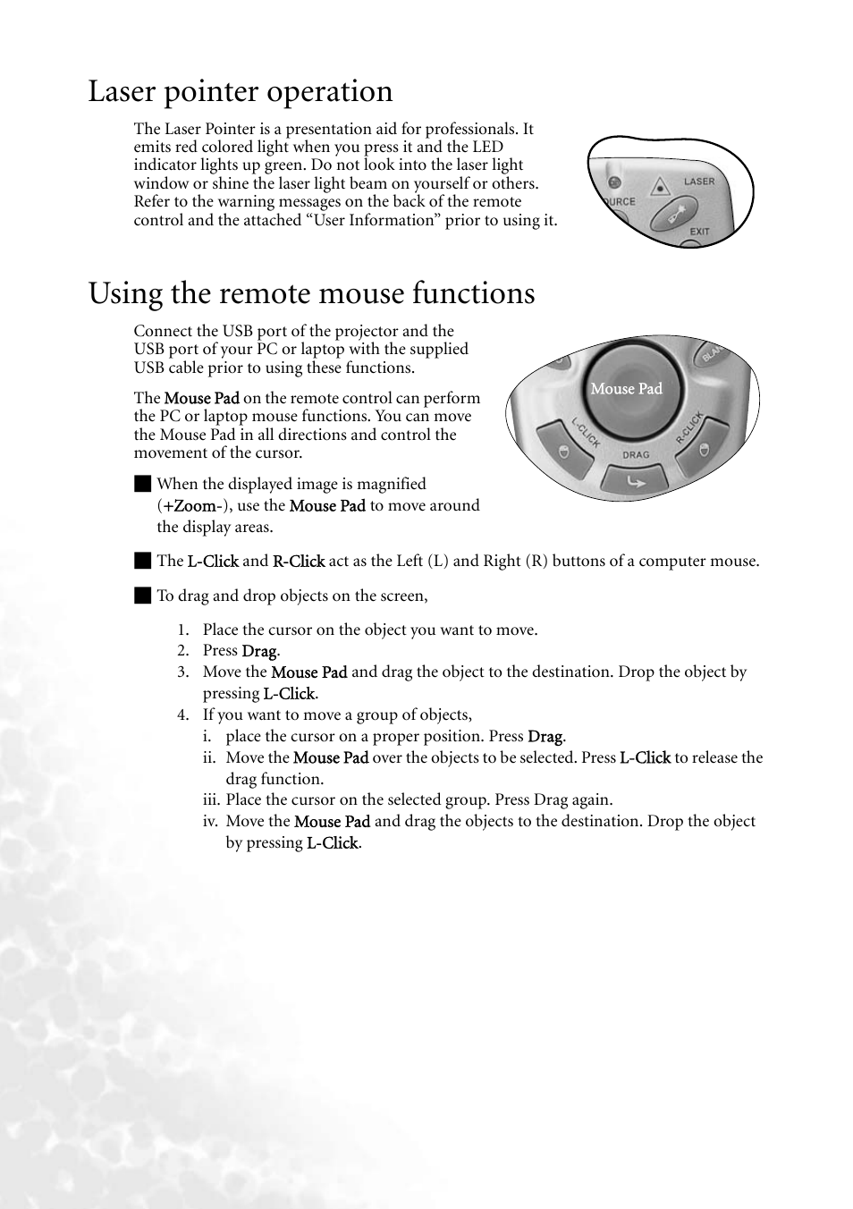 Laser pointer operation, Using the remote mouse functions | BenQ PB8260 User Manual | Page 28 / 53