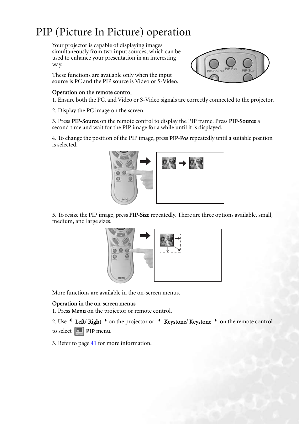 Pip (picture in picture) operation | BenQ PB8260 User Manual | Page 29 / 53