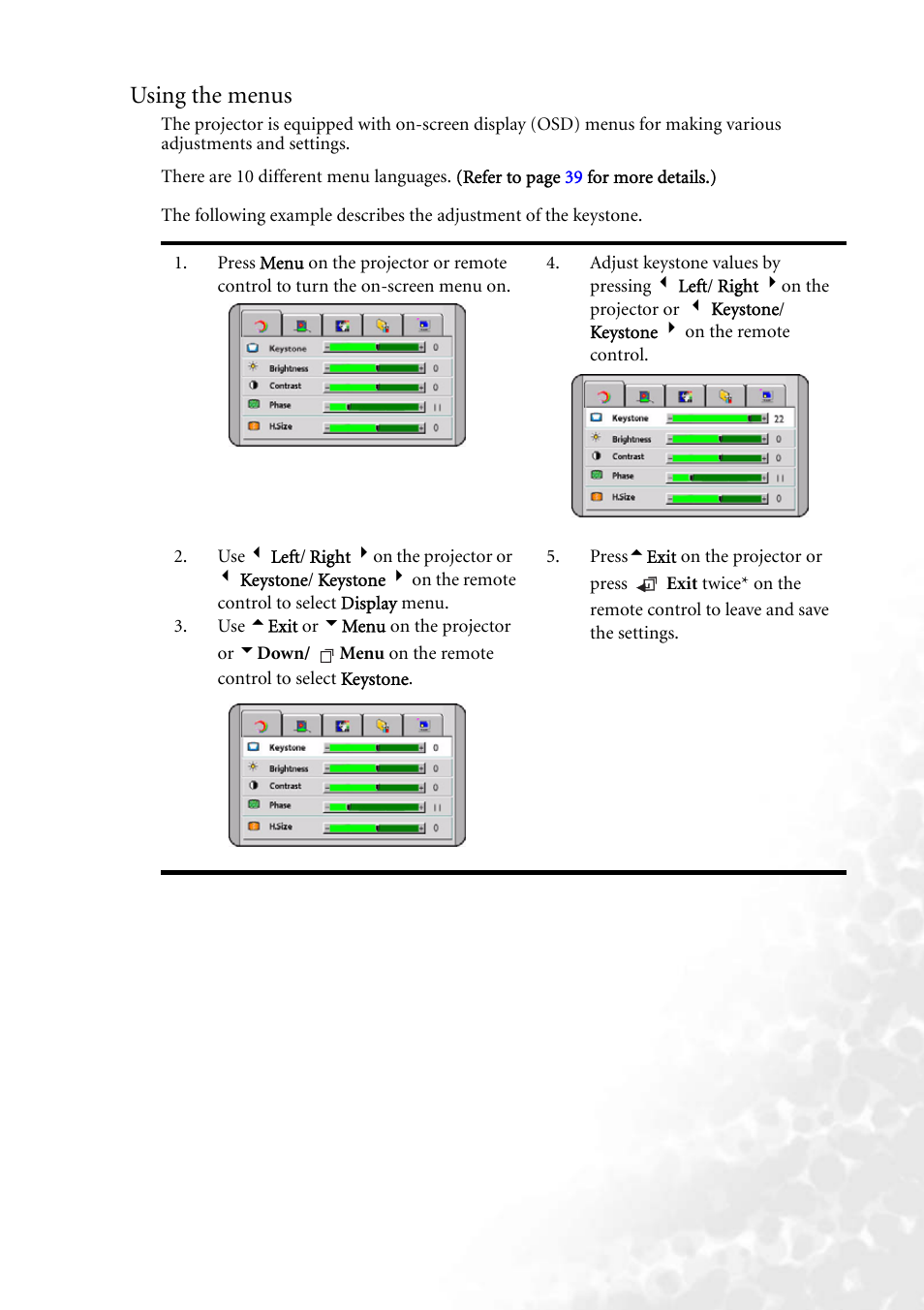 Using the menus | BenQ PB8260 User Manual | Page 33 / 53