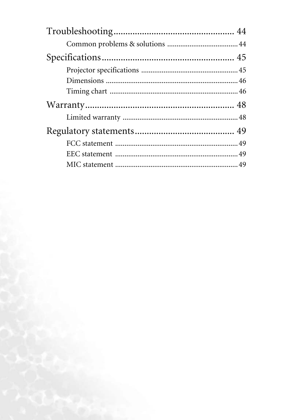 Troubleshooting, Specifications, Warranty | Regulatory statements | BenQ PB8260 User Manual | Page 4 / 53