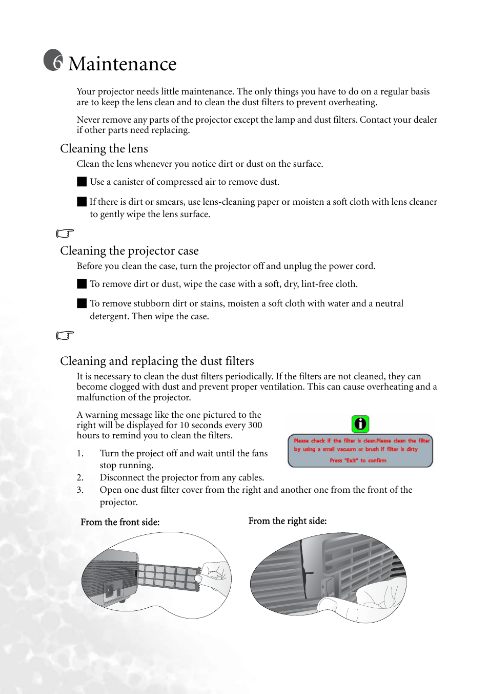 Maintenance, Cleaning the lens, Cleaning the projector case | Cleaning and replacing the dust filters | BenQ PB8260 User Manual | Page 40 / 53