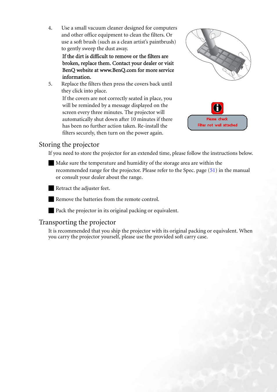 Storing the projector, Transporting the projector | BenQ PB8260 User Manual | Page 41 / 53