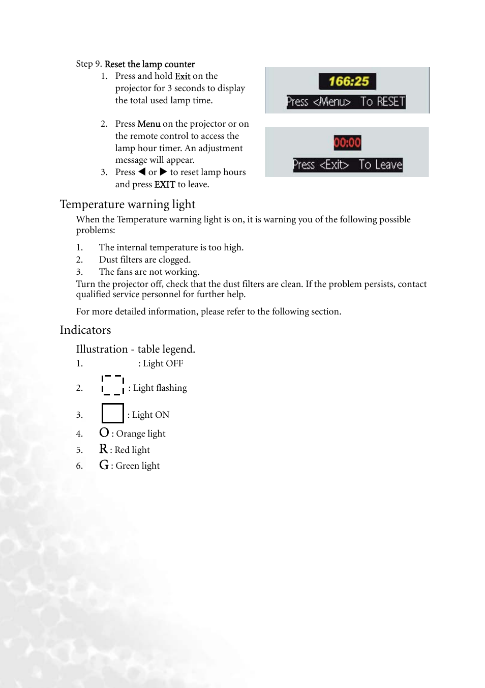 Temperature warning light, Indicators | BenQ PB8260 User Manual | Page 44 / 53