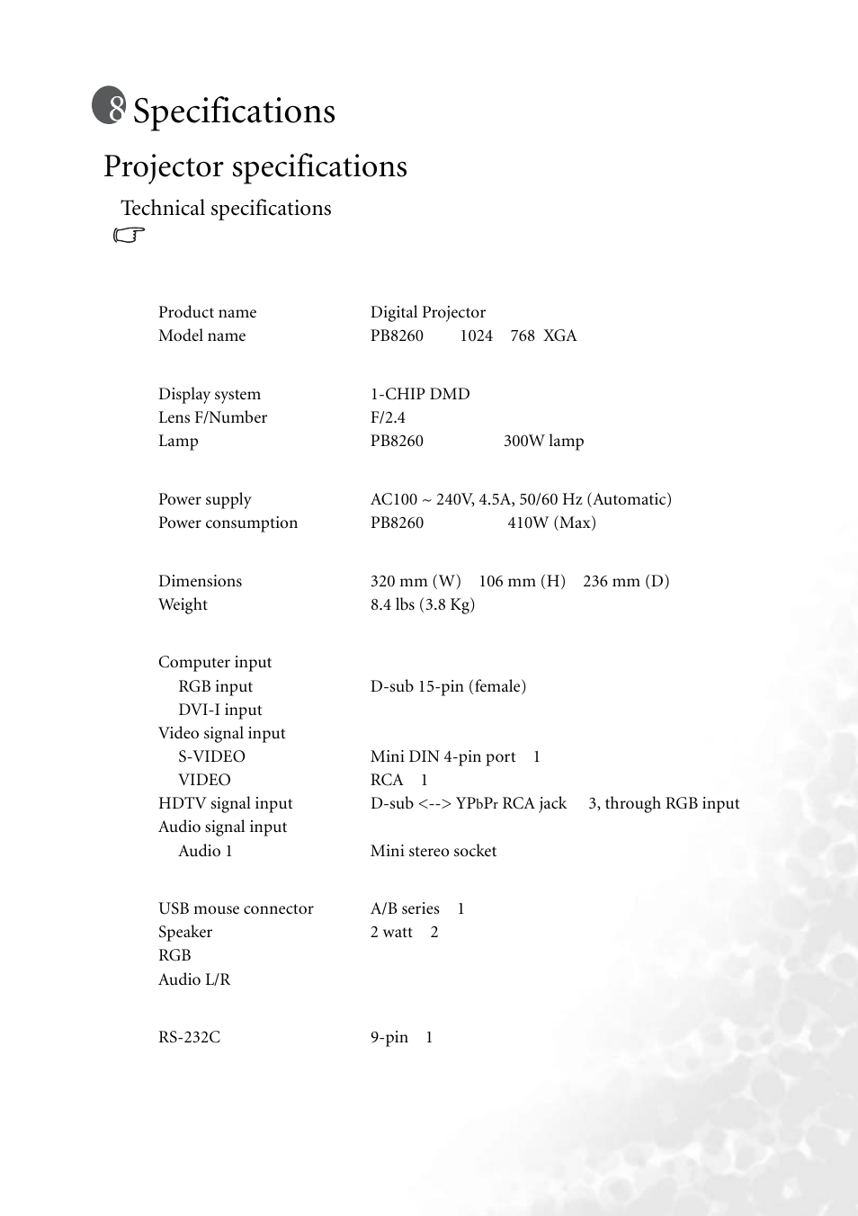 Specifications, Projector specifications, Technical specifications | BenQ PB8260 User Manual | Page 49 / 53