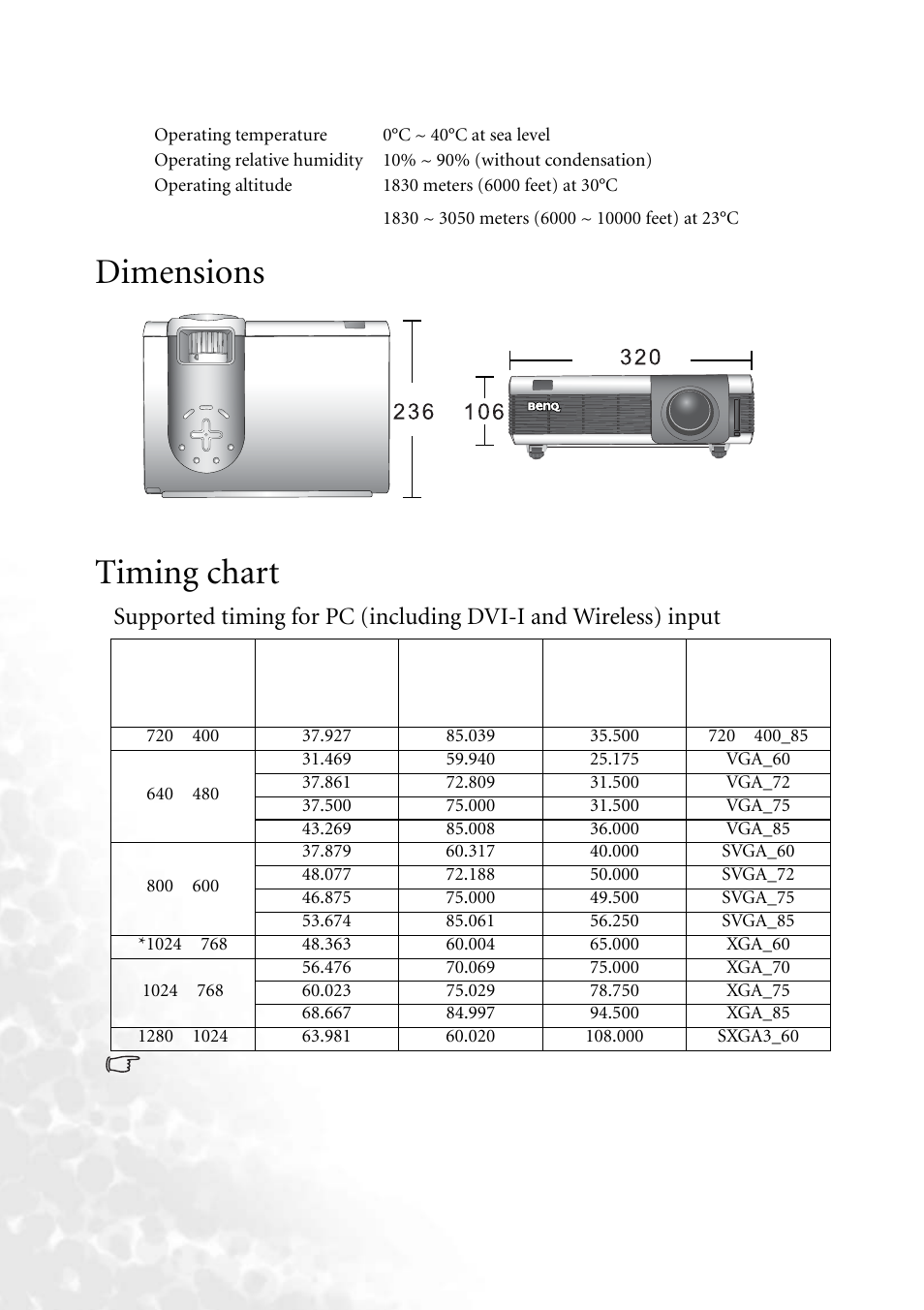 Dimensions, Timing chart, Dimensions timing chart | BenQ PB8260 User Manual | Page 50 / 53