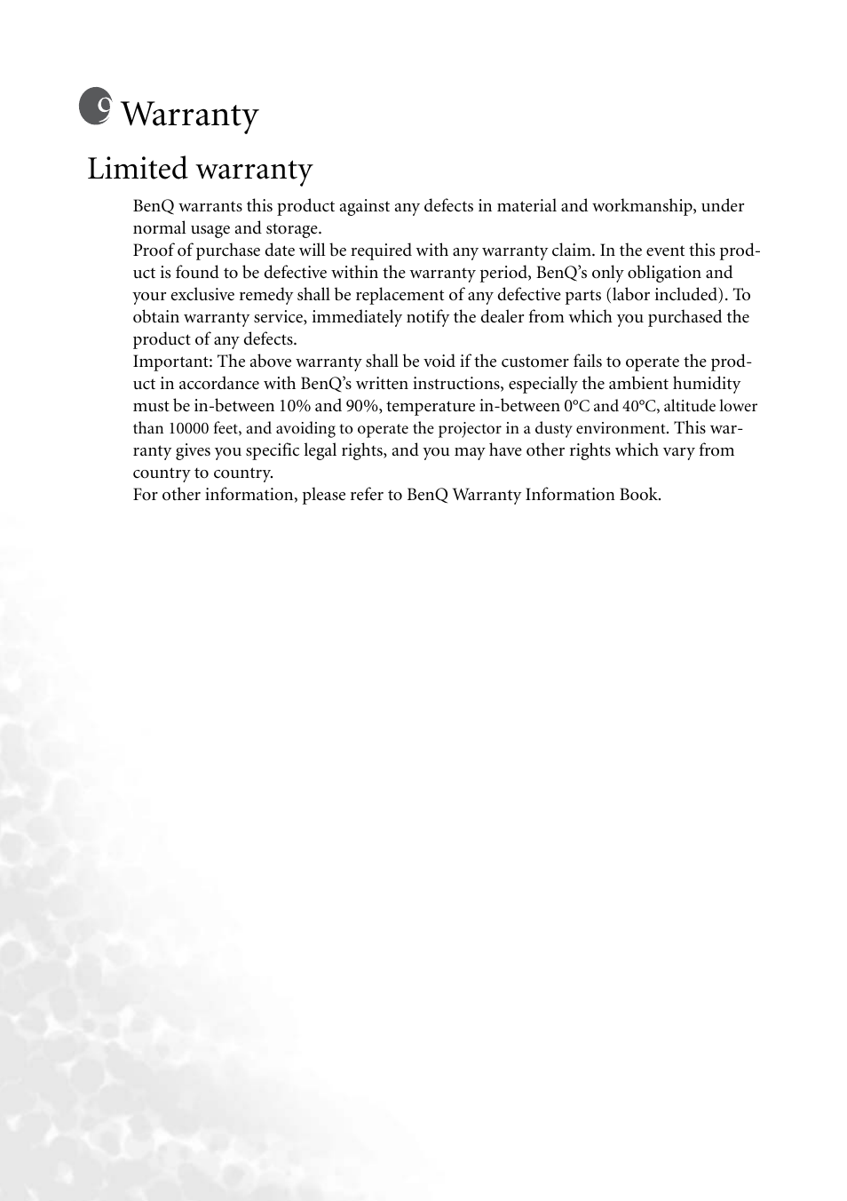 Warranty, Limited warranty | BenQ PB8260 User Manual | Page 52 / 53