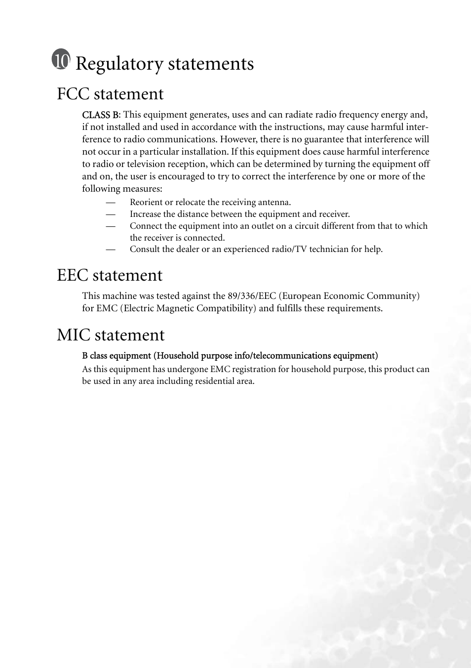 Regulatory statements, Fcc statement, Eec statement | Mic statement, Fcc statement eec statement mic statement | BenQ PB8260 User Manual | Page 53 / 53