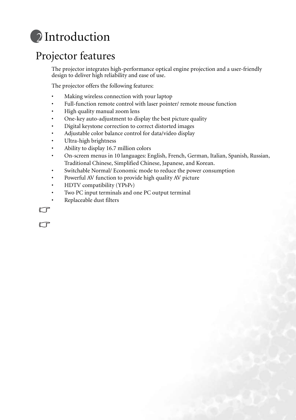 Introduction, Projector features | BenQ PB8260 User Manual | Page 9 / 53