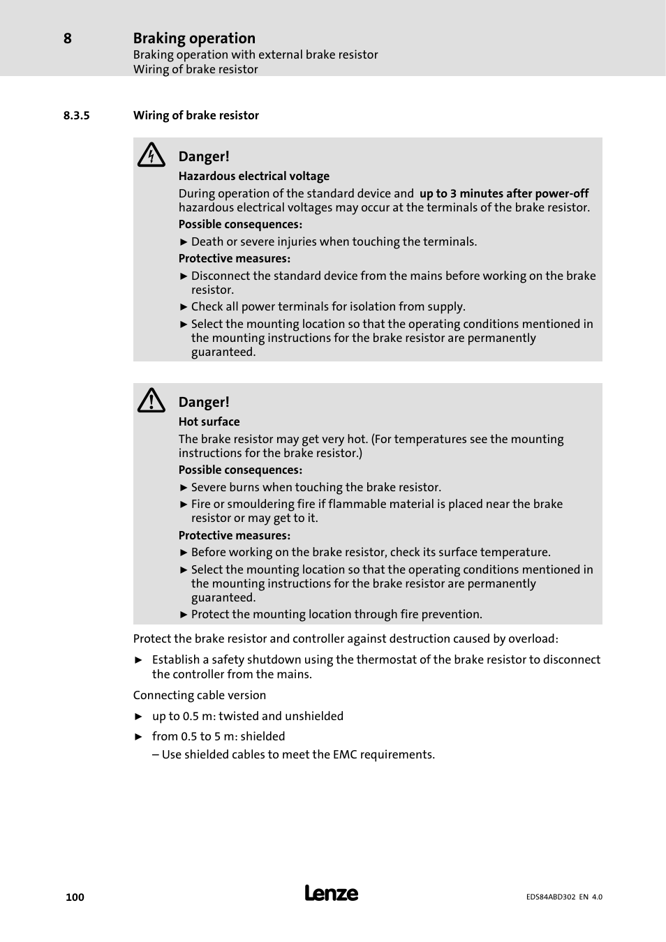 5 wiring of brake resistor, Wiring of brake resistor, Braking operation | Lenze 8400 BaseLine Manual User Manual | Page 100 / 114