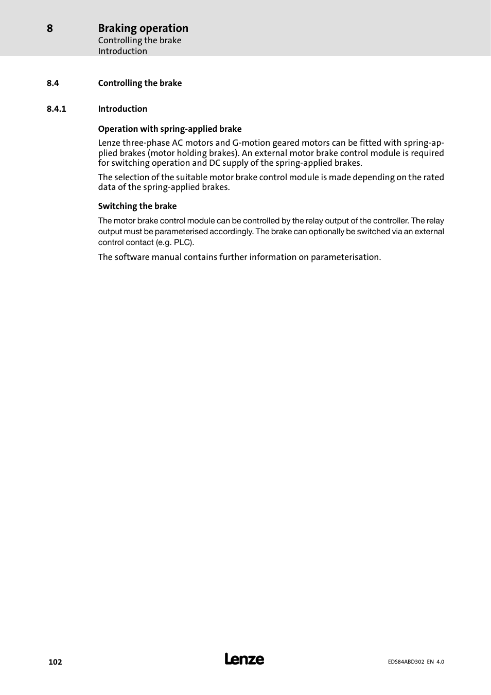 4 controlling the brake, 1 introduction, Introduction | Braking operation | Lenze 8400 BaseLine Manual User Manual | Page 102 / 114