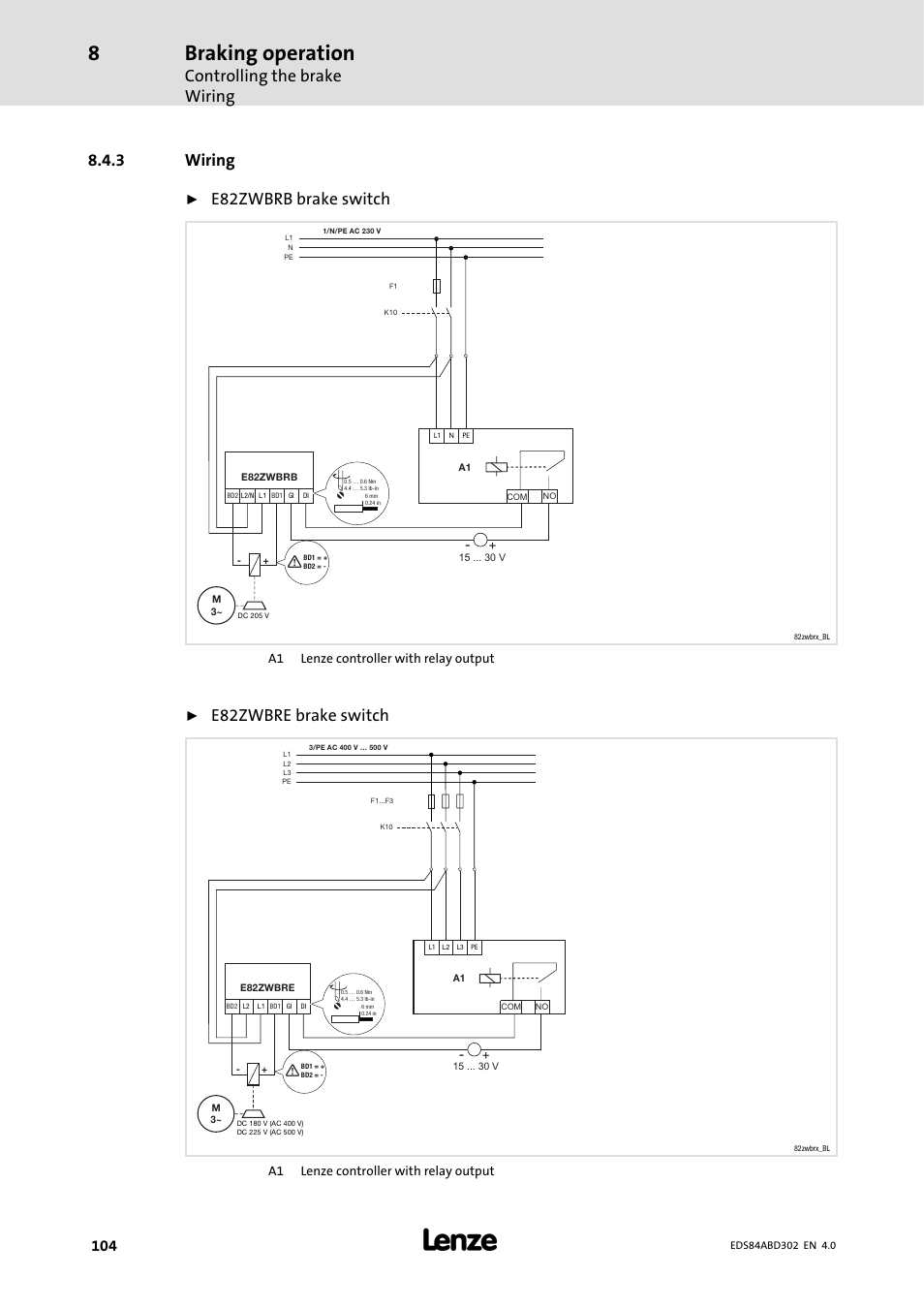 3 wiring, Wiring, Braking operation | Controlling the brake wiring, E82zwbrb brake switch, E82zwbre brake switch | Lenze 8400 BaseLine Manual User Manual | Page 104 / 114