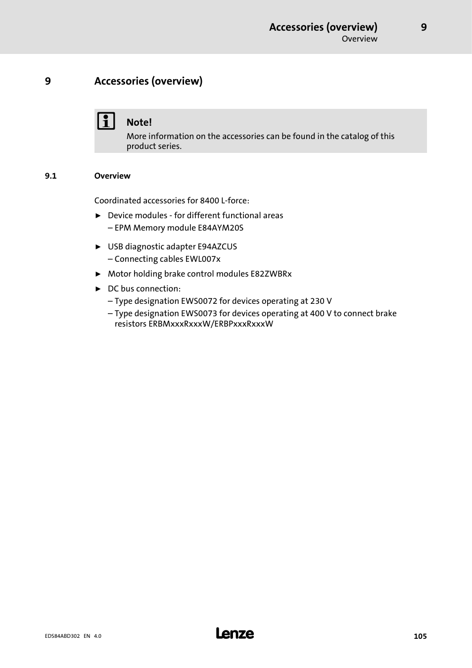 Accessories ( overview), 1 overview, Accessories (overview) | Lenze 8400 BaseLine Manual User Manual | Page 105 / 114