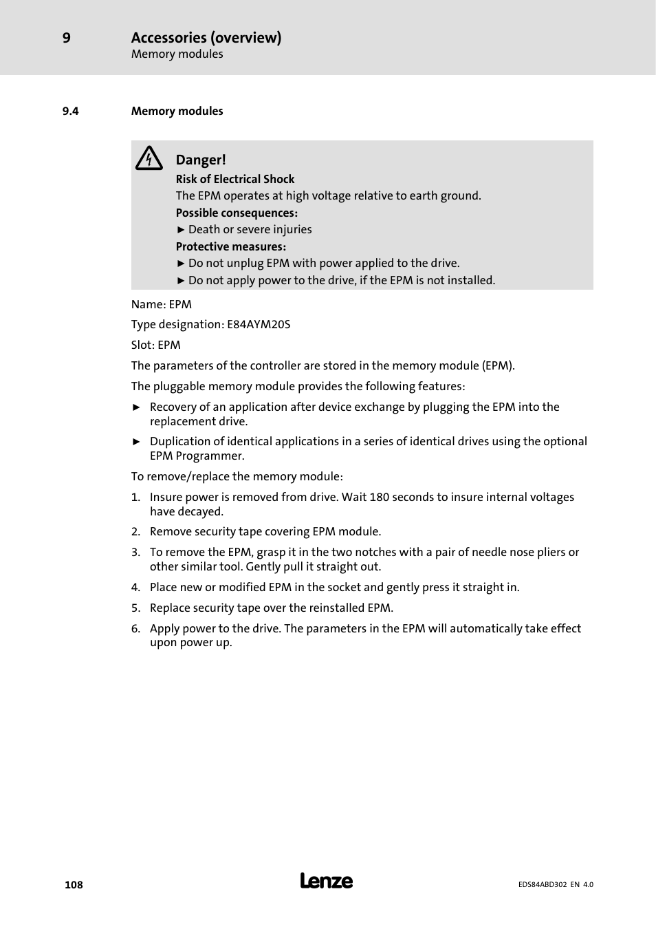 4 memorymodules, 4 memory modules, Accessories (overview) | Lenze 8400 BaseLine Manual User Manual | Page 108 / 114