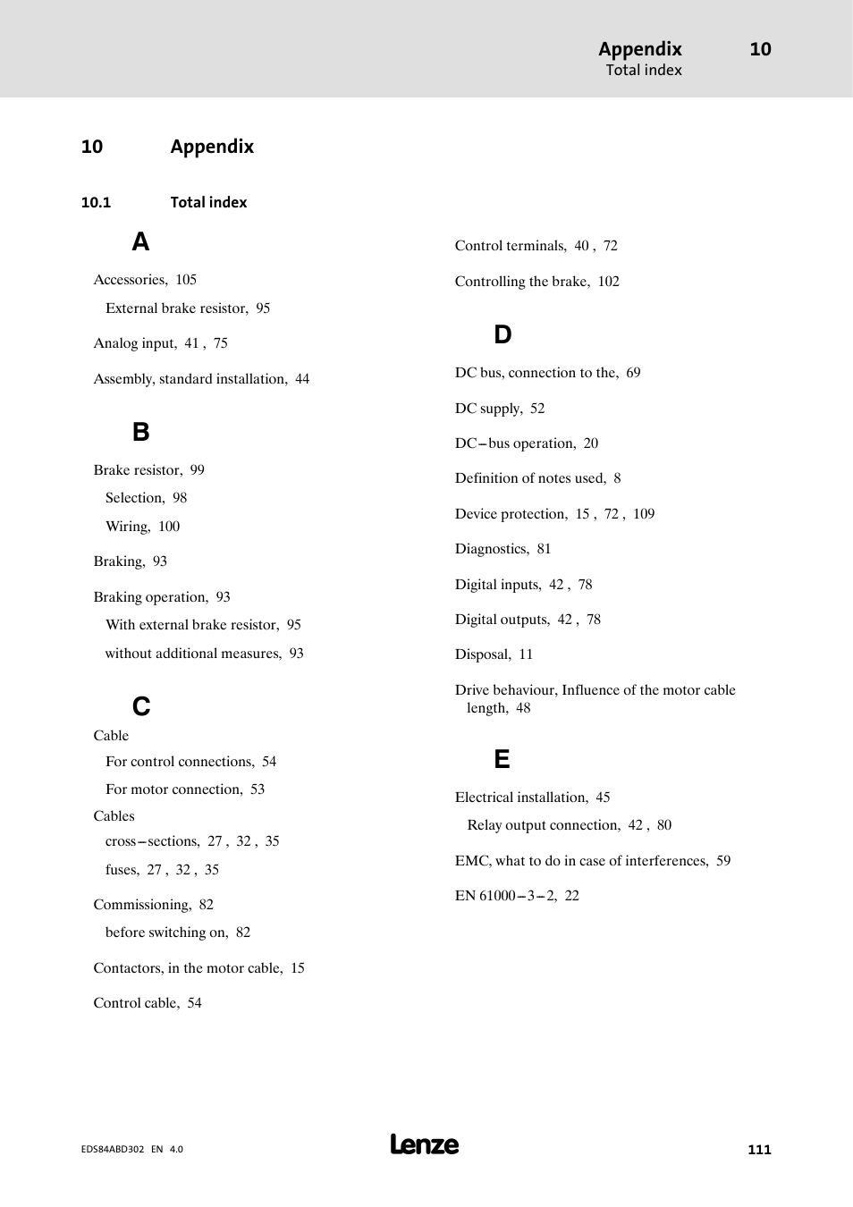 Appendix, 1 total index, 10 appendix | Lenze 8400 BaseLine Manual User Manual | Page 111 / 114