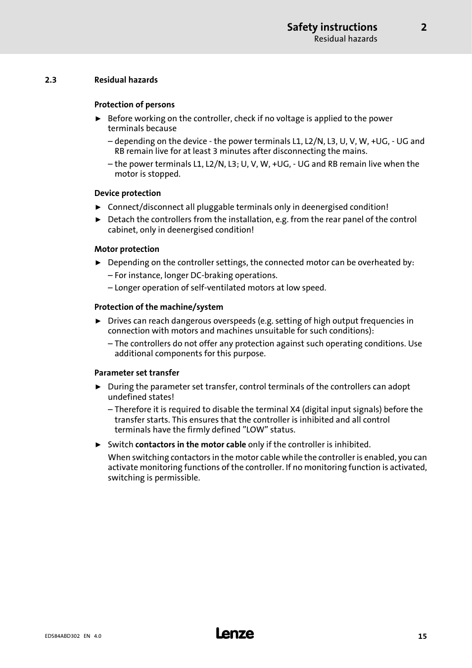 3 residual hazards, Safety instructions | Lenze 8400 BaseLine Manual User Manual | Page 15 / 114