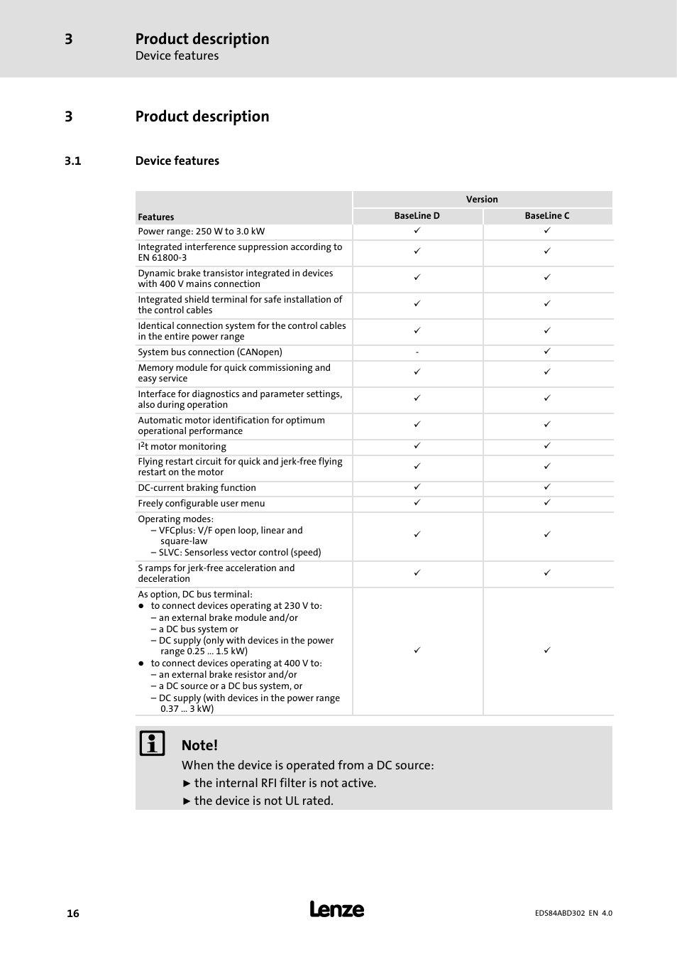 Product description, 1 device features, 3product description | Lenze 8400 BaseLine Manual User Manual | Page 16 / 114