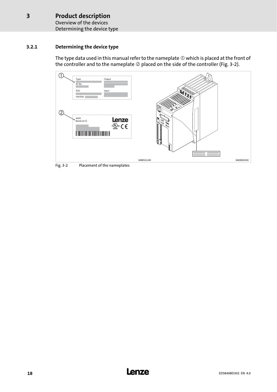 1 determining the device type, Determining the device type, Product description | Lenze 8400 BaseLine Manual User Manual | Page 18 / 114