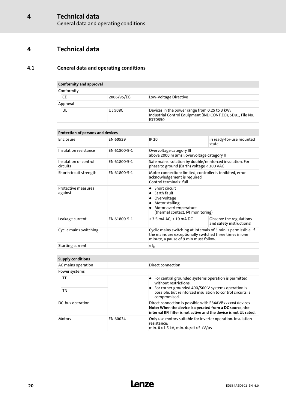 Technical data, 1 general data and operating conditions, 4technical data | General data and operating conditions | Lenze 8400 BaseLine Manual User Manual | Page 20 / 114