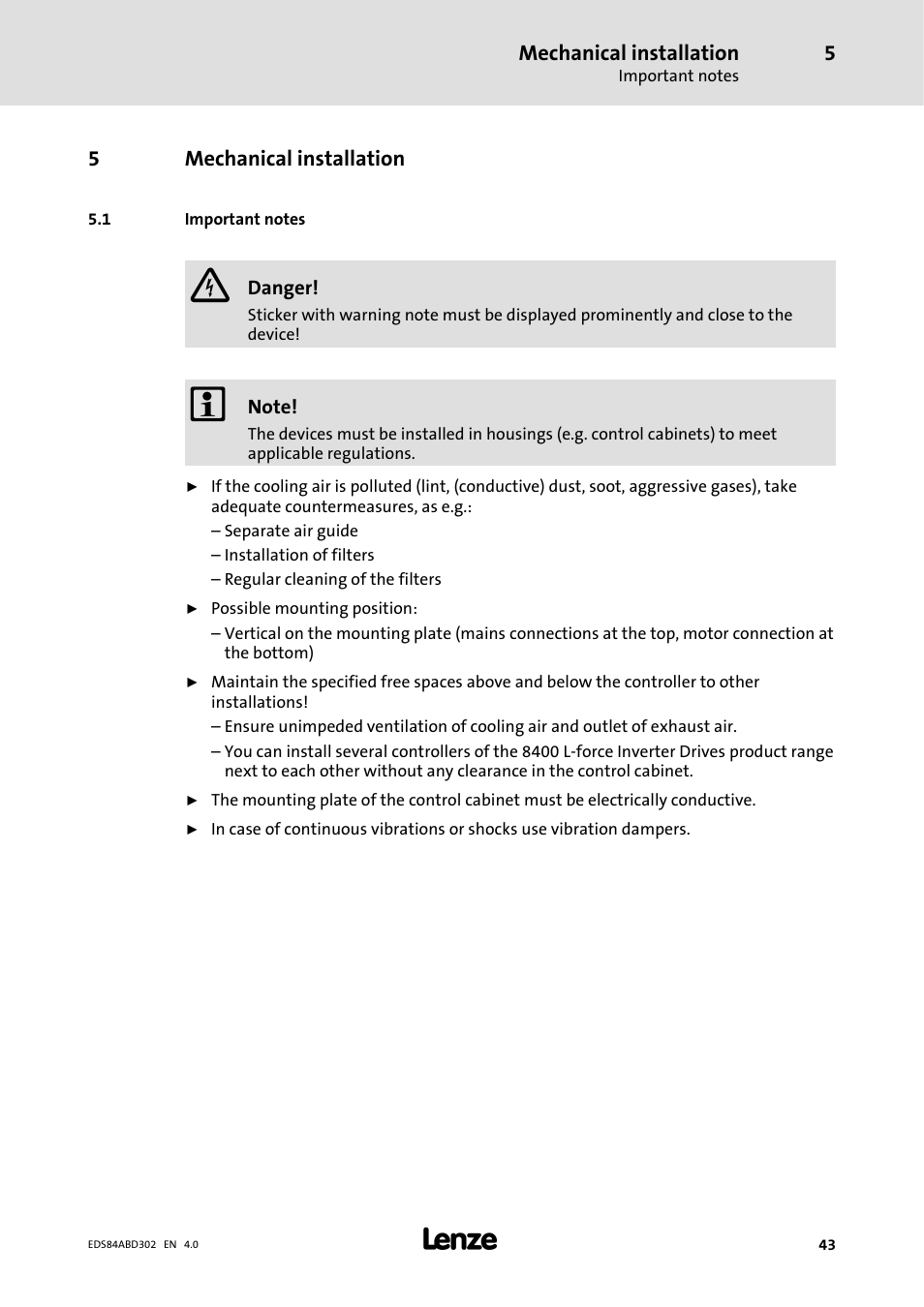 Mechanical installation, 1 important notes | Lenze 8400 BaseLine Manual User Manual | Page 43 / 114