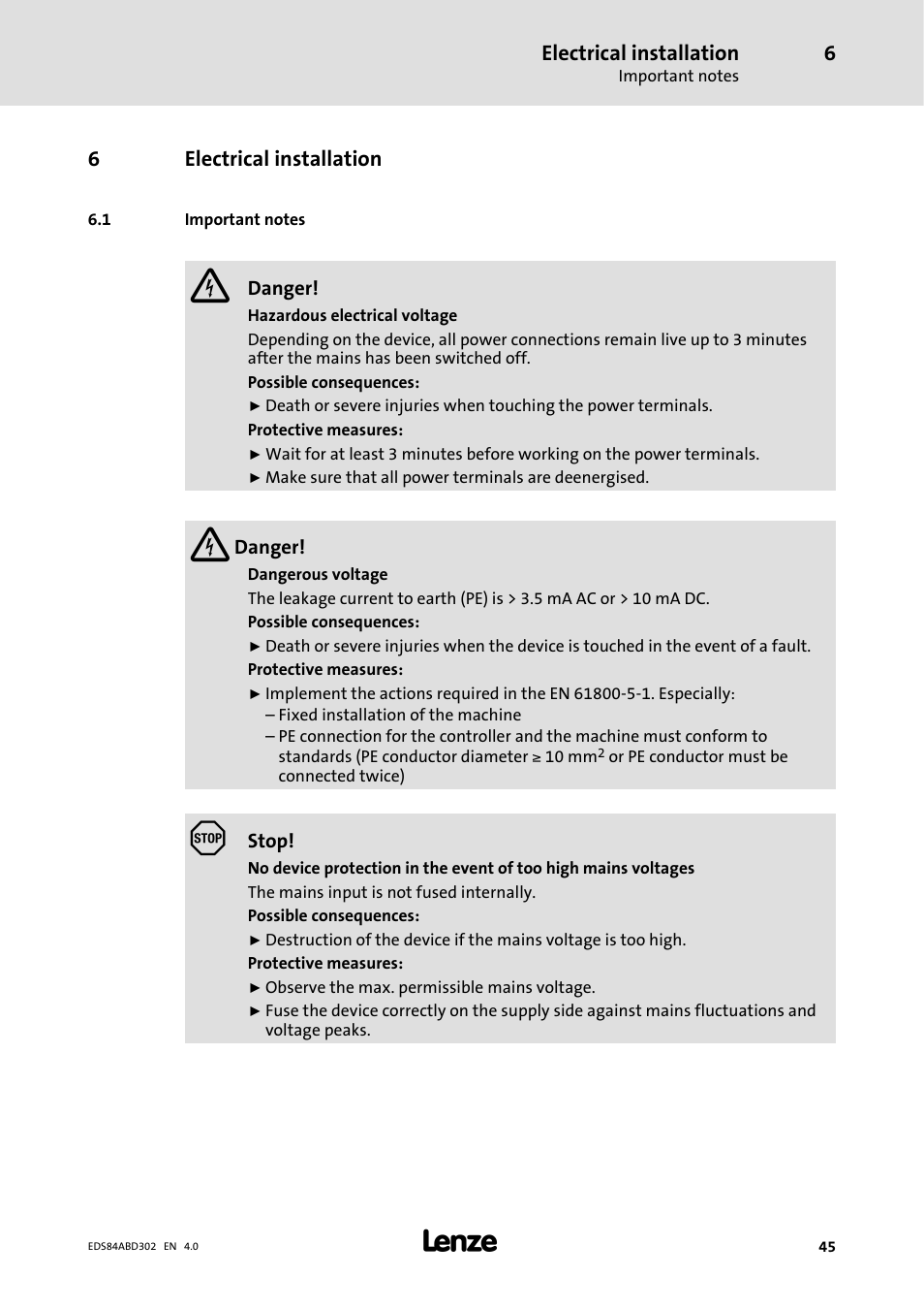 Electrical installation, 1 important notes | Lenze 8400 BaseLine Manual User Manual | Page 45 / 114