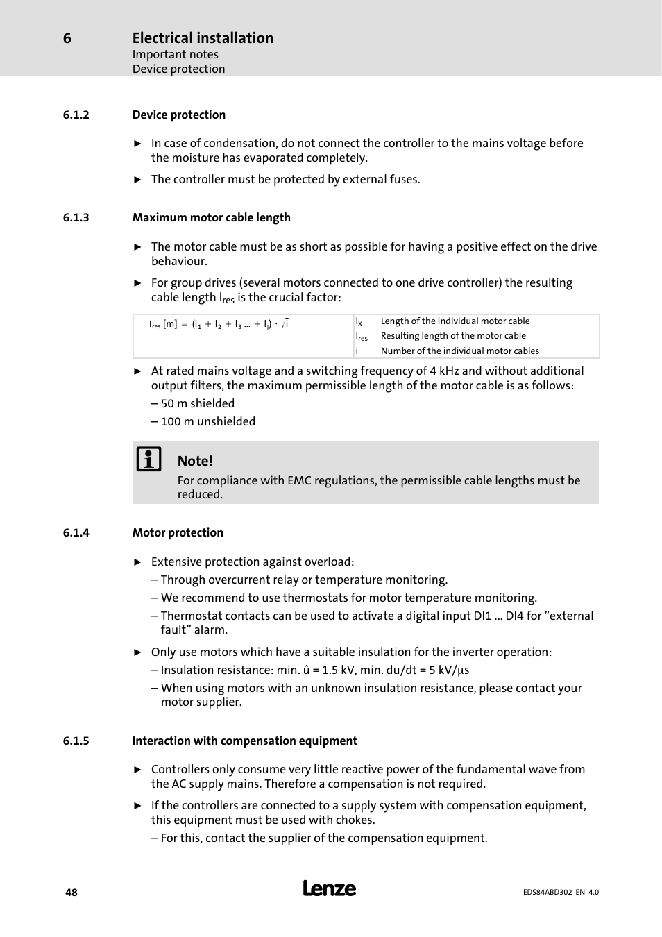 2 device protection, 3 maximummotor cable length, 4 motor protection | 5 interaction with compensation equipment, Device protection, Maximum motor cable length, Motor protection, Interaction with compensation equipment, Electrical installation | Lenze 8400 BaseLine Manual User Manual | Page 48 / 114